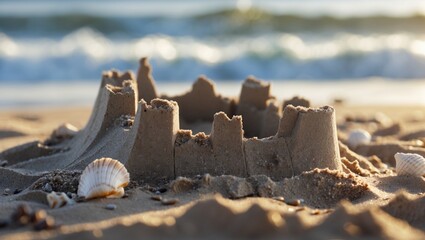 Poster - close-up of sandcastle remains on beach after wave with shells and space for text ideal for summer a