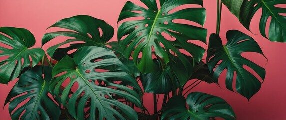 Poster - Tropical Monstera leaves in vibrant gradient colors on a minimalist flat lay background for a trendy pop art aesthetic.