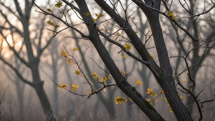 Poster - Bare Tree Branches with Early Yellow Leaves in a Misty Forest at Sunrise