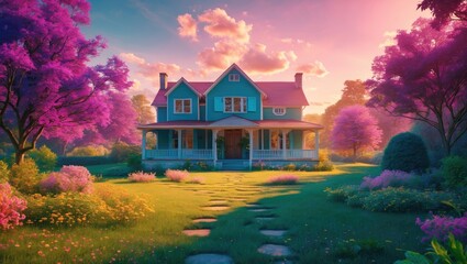 Poster - Charming pastel house surrounded by blooming gardens and vibrant trees at sunset with space for text or overlay.