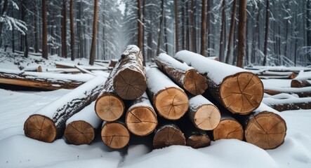 Poster - snow-covered logs stacked in a tranquil winter forest showcasing the beauty of raw wood and nature's