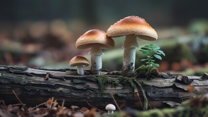 Poster - Mushrooms growing on a mossy log with a small green plant illustrating the beauty of nature's ecosystem in a serene forest setting
