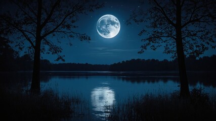 Poster - Serene night landscape with a full moon reflecting on calm waters framed by silhouetted trees under a starry sky.
