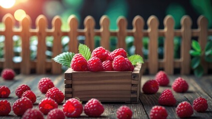Poster - Fresh Raspberries in a Wooden Box Surrounded by Mini Fence with Artistic Background Blur and Copy Space for Text