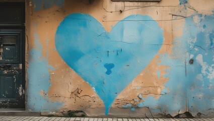 Poster - Hand drawn light blue heart on weathered wall creating a textured urban backdrop with ample copy space for creative design applications.