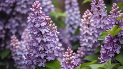 Poster - Macro shot of vibrant lilac flowers blooming in a lush garden setting with green leaves and delicate petals showcasing their natural beauty.