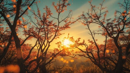 Poster - Morning Sunlight Filtering Through Tree Branches Creating a Serene Atmosphere with Space for Text or Branding