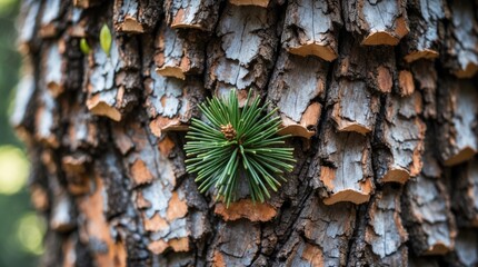 Poster - Close-up of pine tree bark texture showcasing the intricate natural patterns and green needles of Pinus palustris in a forest setting.