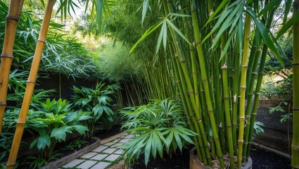Poster - lush tropical bamboo garden pathway surrounded by vibrant green plants creating a serene and tranqui