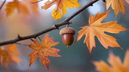 Poster - Oak tree acorn and colorful fall leaves on a twig against a softly blurred autumn background showcasing seasonal beauty and nature.