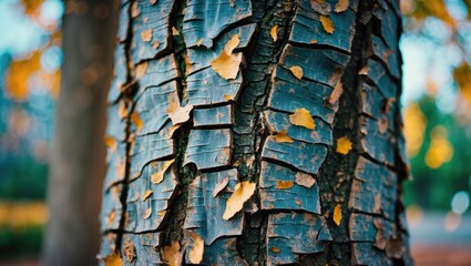 Poster - Close up of textured bark on a plane tree showcasing its unique scales and patterns in autumn colors against a blurred natural background.