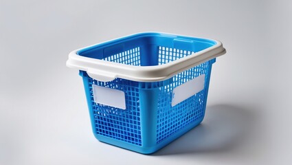 Poster - Blue Plastic Storage Basket with White Lid Isolated on White Background Ideal for Shopping or Organizing Purposes Mock-Up Template