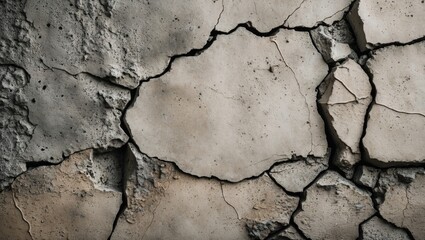 Poster - Cracked stucco wall texture showcasing a grunge effect with rough cement surface and varying shades of beige and gray.