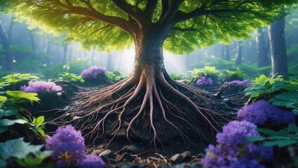 Poster - Root System of a Tree Surrounded by Vibrant Flora and Soft Light with Copy Space for Text in a Serene Forest Setting