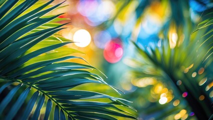 Poster - Soft Focus Palm Leaves with Vibrant Bokeh Background and Natural Sunlight Highlights Ideal for Text Overlay and Nature-Themed Designs