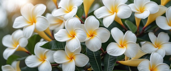 Poster - Vibrant White and Yellow Plumeria Blooms in Morning Light with Lush Green Leaves and Space for Text in a Floral Background