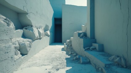 Poster - Textured light gray walls with rough surfaces showcasing the impact of water-cement during construction in an abstract architectural space.