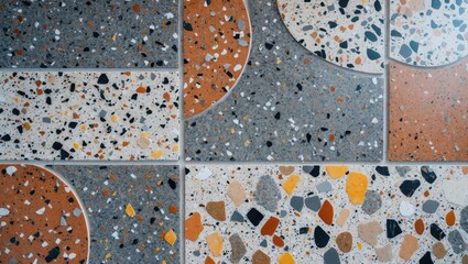 Poster - Modern terrazzo texture featuring a polished concrete surface with colorful marble and granite stone patterns for elegant interior decoration.