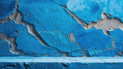 Poster - Abstract textured blue concrete wall with cracks and peeling paint for background design and industrial themes. Vintage plaster surface.
