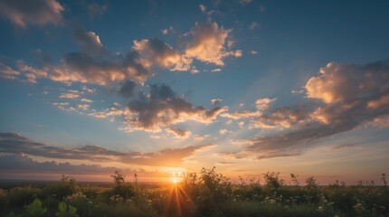 Poster - Serene sunrise with dramatic clouds illuminating the sky over a lush landscape creating a peaceful morning atmosphere.