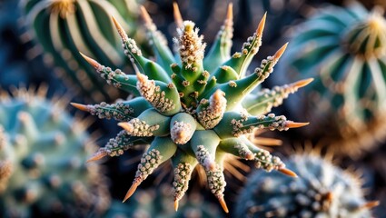 Poster - Mammillaria Cactus with Spiny Texture and Macro Detail Against a Blurred Background for Text Overlay