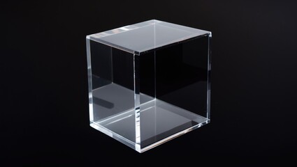 Poster - Acrylic cube on black background showcasing clarity and minimalism suitable for modern design and artistic presentations.