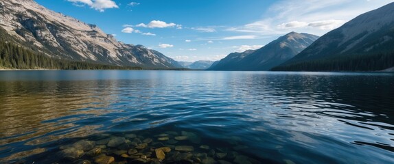 Fototapete - Tranquil lakeside view showcasing clear water, rocky bottom, and majestic mountains under a bright blue sky with scattered clouds.