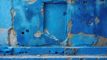 Poster - Vibrant blue textured concrete wall with peeling paint and exposed surfaces creating an abstract and vintage aesthetic for backgrounds.