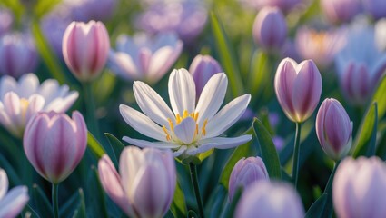 Poster - Vibrant spring floral meadow with white and pink tulips illuminated by sunlight creating a serene and picturesque landscape.