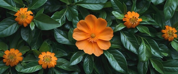 Poster - Vibrant Orange Flower Surrounded by Lush Green Leaves in a Natural Botanical Setting