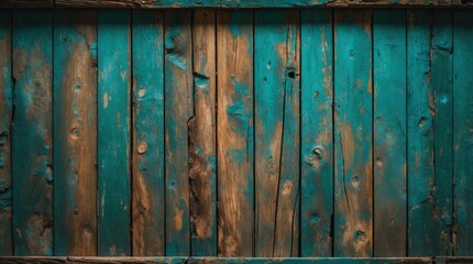Poster - Weathered turquoise wooden wall with natural texture and variations, ideal for rustic or vintage-themed backgrounds and designs.