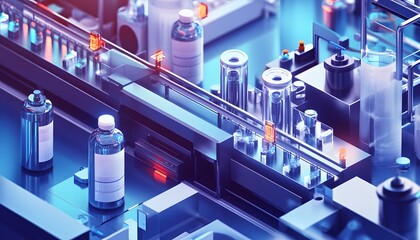 Poster - advanced production line showcasing modern vials in a high-tech manufacturing environment, highlight