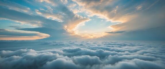 Poster - serene sky above fluffy clouds at sunrise with soft light and space for text or design elements in a