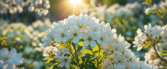 Poster - Sunlit White Flower Blossom Cluster in a Serene Garden with Space for Text or Design Elements