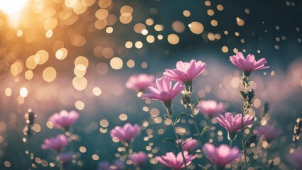 Poster - Soft pink flowers in a dreamy bokeh background with golden sunlight creating a tranquil nature scene perfect for artistic visuals.
