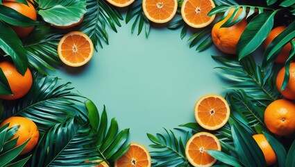 Poster - Vibrant Tropical Leaves and Fresh Oranges Framing a Blank Space for Text on a Light Background Ideal for Summer-Themed Designs