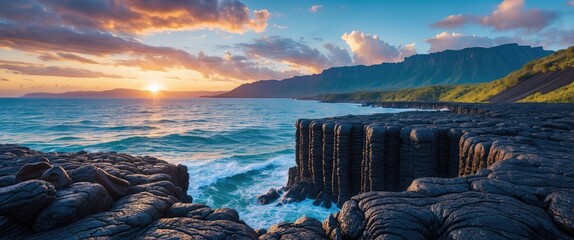 Poster - sunset over lava columns at waterfront with mountains in background and tranquil sea, ideal for text