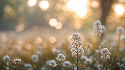Poster - Soft bokeh effect with delicate white flowers in a serene natural background illuminated by warm sunlight during sunrise or sunset.