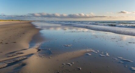 Poster - tranquil seascape with low tide revealing sandy beach and calm waters under a clear sky ideal for se