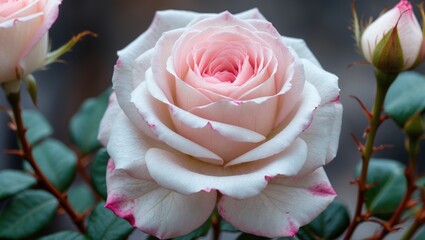 Poster - Delicate close-up of a white and pink rose showcasing intricate petals and lush green foliage in a serene garden setting.