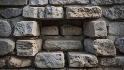 Poster - Ancient stone wall with unique textures showcasing weathered bricks and sturdy construction in a historic architectural setting.
