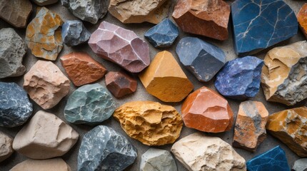 Poster - Vibrant natural colored stone texture background showcasing a variety of geological formations and hues for design and artistic applications