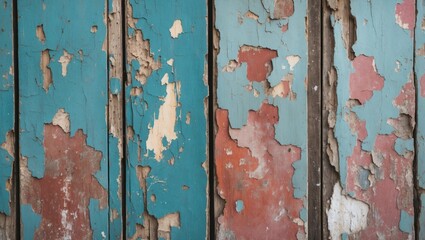 Poster - Weathered wooden wall with peeling paint in blue and red tones creating a rustic, vintage aesthetic ideal for backgrounds and textures.