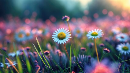 Poster - Daisy Flower Among Vibrant Field with Blurry Background in Soft Light Capturing Nature's Beauty and Tranquility in Blooming Landscape