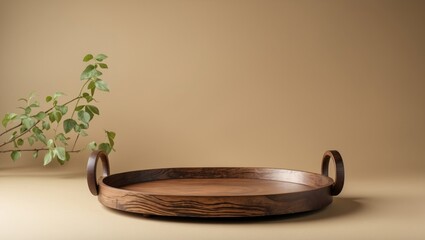 Poster - Elegant Eco-Friendly Wooden Tray Displayed on Beige Background with Space for Text and Green Leaf Accent