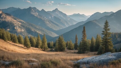 Poster - Serene Mountain Landscape with Lush Green Trees and Expansive Copy Space for Text in Natural Scenic Environment