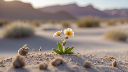 Poster - Desert Flower Blooming in Arid Landscape with Mountains and Soft Sunset Light