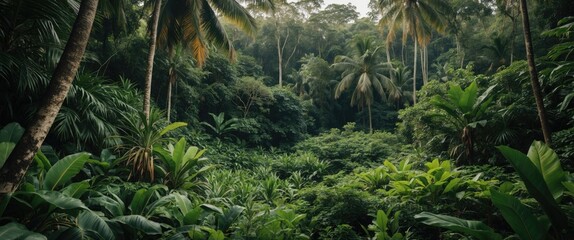 Poster - Lush Tropical Forest Landscape with Abundant Greenery and Empty Space for Text Usage