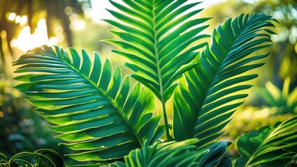 Poster - lush green tropical fern leaves against a sunlit backdrop showcasing detailed textures and vibrant h