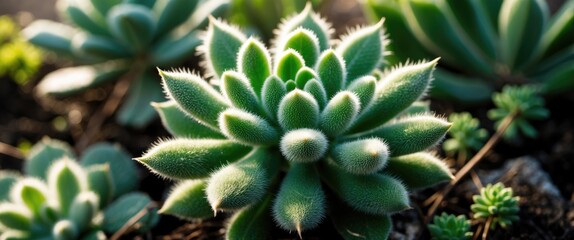 Poster - Macro Photo of Green Succulent with Fluffy Pointed Leaves Illuminated by Sunlight Showcasing Home Gardening and Organic Plant Growth.